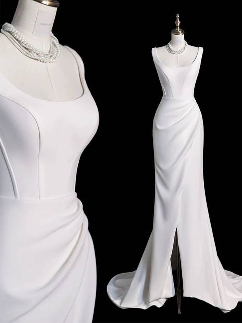 Robe de mariée princesse sirène en satin blanc à col carré et fente latérale AU322