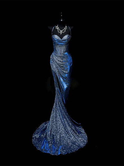 Robe de bal sirène sexy à bretelles spaghetti bleu marine et paillettes, tenue de soirée pour 21e anniversaire, robe de remise de diplôme, AU324