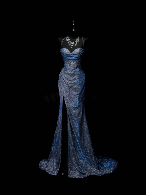 Robe de bal sirène sexy à bretelles spaghetti bleu marine et paillettes, tenue de soirée pour 21e anniversaire, robe de remise de diplôme, AU324