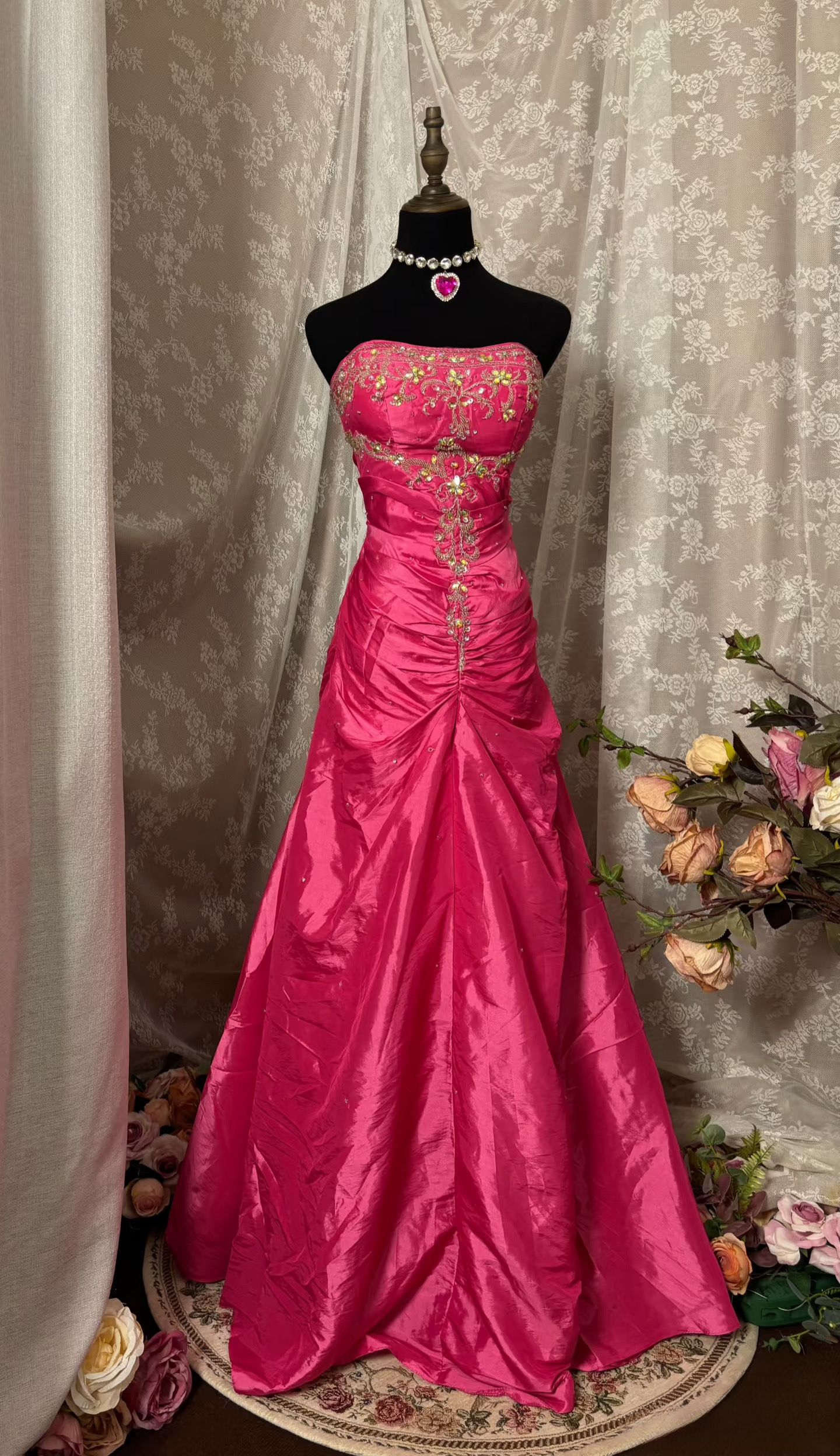 Robe de bal vintage sirène bustier rose fuchsia à perles en taffetas, robe de soirée pour adolescentes AU324