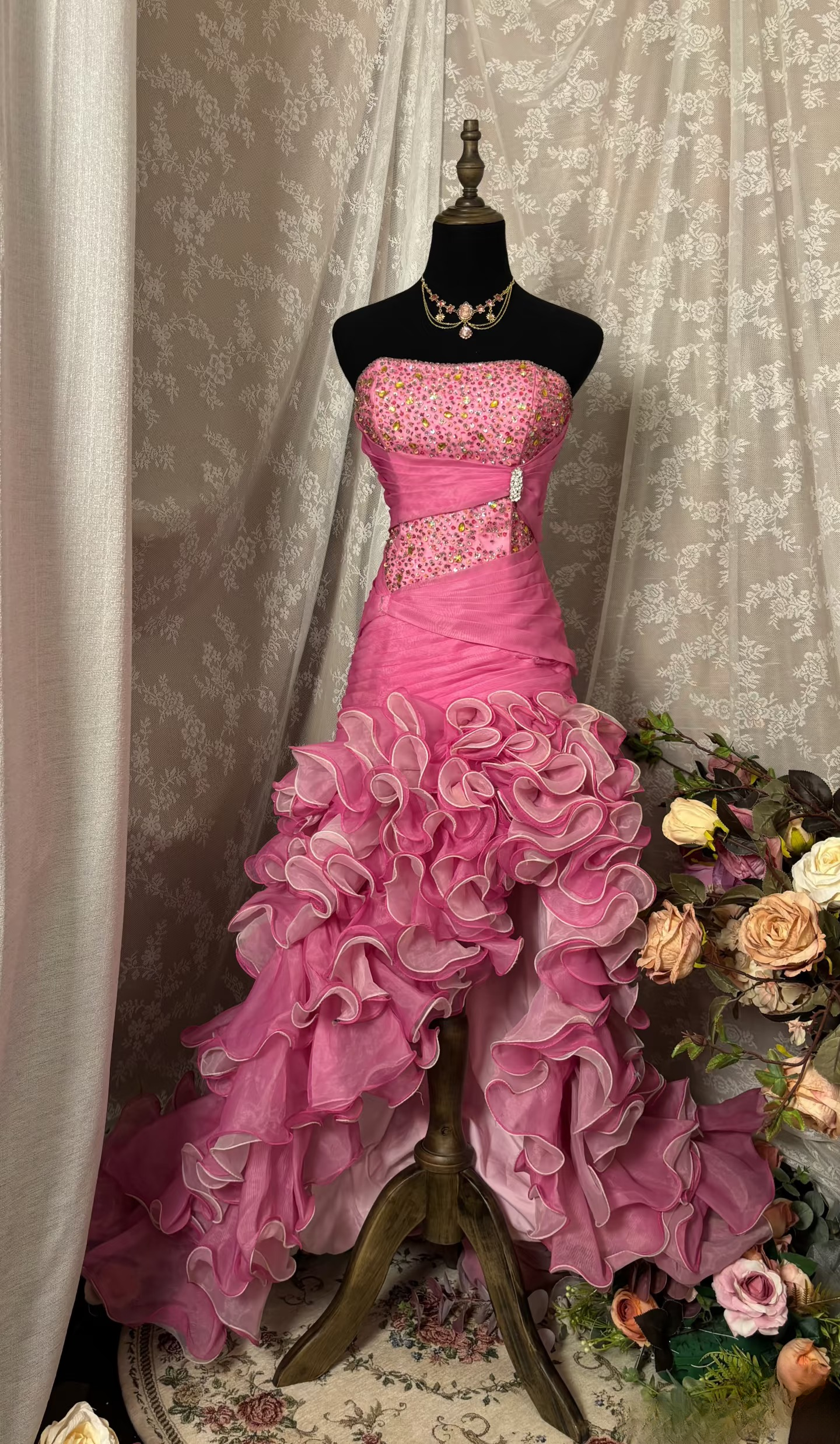 Robe de bal vintage asymétrique sans bretelles rose fuchsia à perles, robe de soirée formelle pour adolescentes AU327