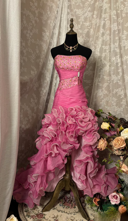 Robe de bal vintage asymétrique sans bretelles rose fuchsia à perles, robe de soirée formelle pour adolescentes AU327