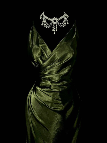 Vintage Meerjungfrau V-Ausschnitt Grün Langes Satin Abendkleid Inspiration Party Formale Abendkleider AU328