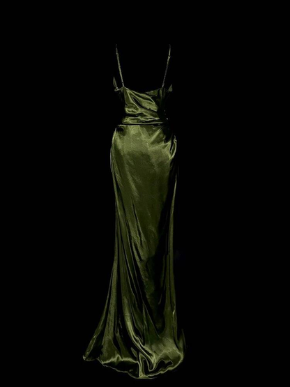 Vintage Meerjungfrau V-Ausschnitt Grün Langes Satin Abendkleid Inspiration Party Formale Abendkleider AU328