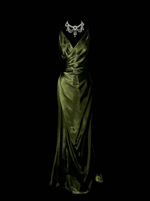 Vintage Meerjungfrau V-Ausschnitt Grün Langes Satin Abendkleid Inspiration Party Formale Abendkleider AU328