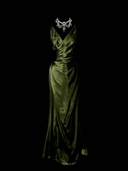 Vintage Meerjungfrau V-Ausschnitt Grün Langes Satin Abendkleid Inspiration Party Formale Abendkleider AU328