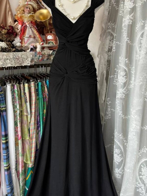 Robe de bal longue en satin noir à col en V et style sirène vintage, inspiration robe de soirée formelle, robes de bal AU329