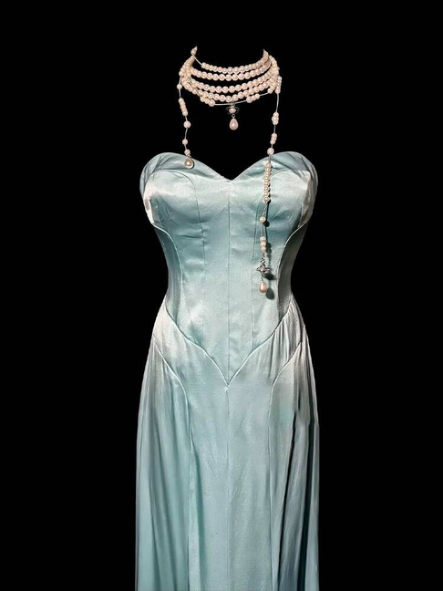 Vintage A-Linie Sweetheart Blau Satin Bodenlangen Ballkleider Partykleid 21. Geburtstag Outfits Abschlusskleid AU330