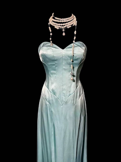 Vintage A-Linie Sweetheart Blau Satin Bodenlangen Ballkleider Partykleid 21. Geburtstag Outfits Abschlusskleid AU330