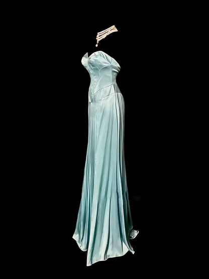 Vintage A-Linie Sweetheart Blau Satin Bodenlangen Ballkleider Partykleid 21. Geburtstag Outfits Abschlusskleid AU330