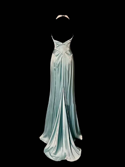 Vintage A-Linie Sweetheart Blau Satin Bodenlangen Ballkleider Partykleid 21. Geburtstag Outfits Abschlusskleid AU330