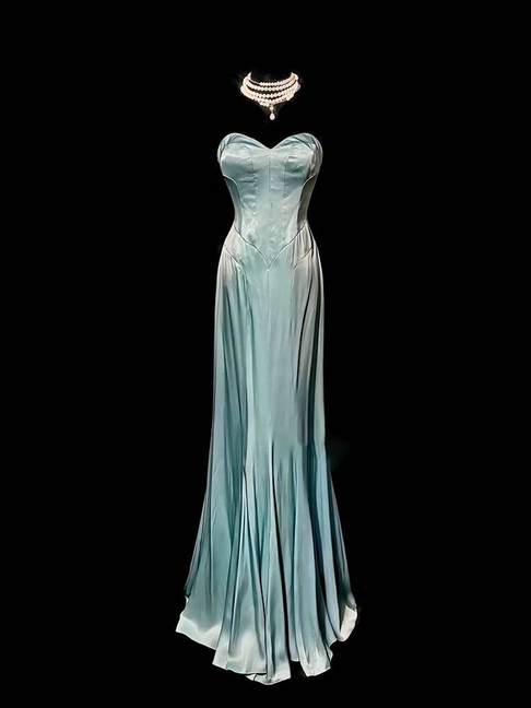 Vintage A-Linie Sweetheart Blau Satin Bodenlangen Ballkleider Partykleid 21. Geburtstag Outfits Abschlusskleid AU330