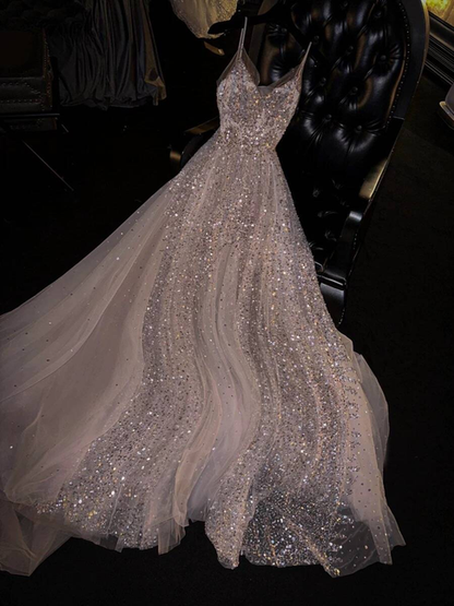 Sparkly Ball Gown Spaghetti Straps Sleeveless Sequins White Wedding Dress Fairytale Wedding Gown AU331