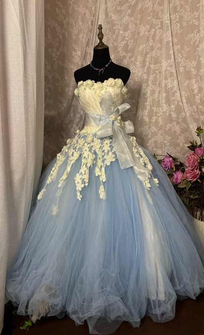 Robe de bal unique sans bretelles en tulle bleu avec dentelle appliquée, longue, pour quinceañera, Sweet 15-16 ans, AU331