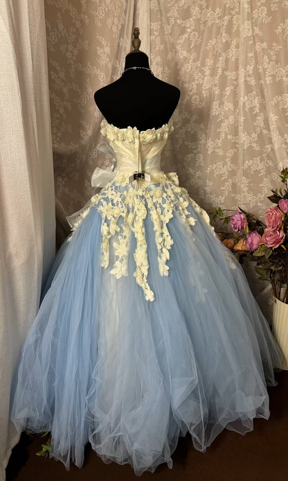Robe de bal unique sans bretelles en tulle bleu avec dentelle appliquée, longue, pour quinceañera, Sweet 15-16 ans, AU331