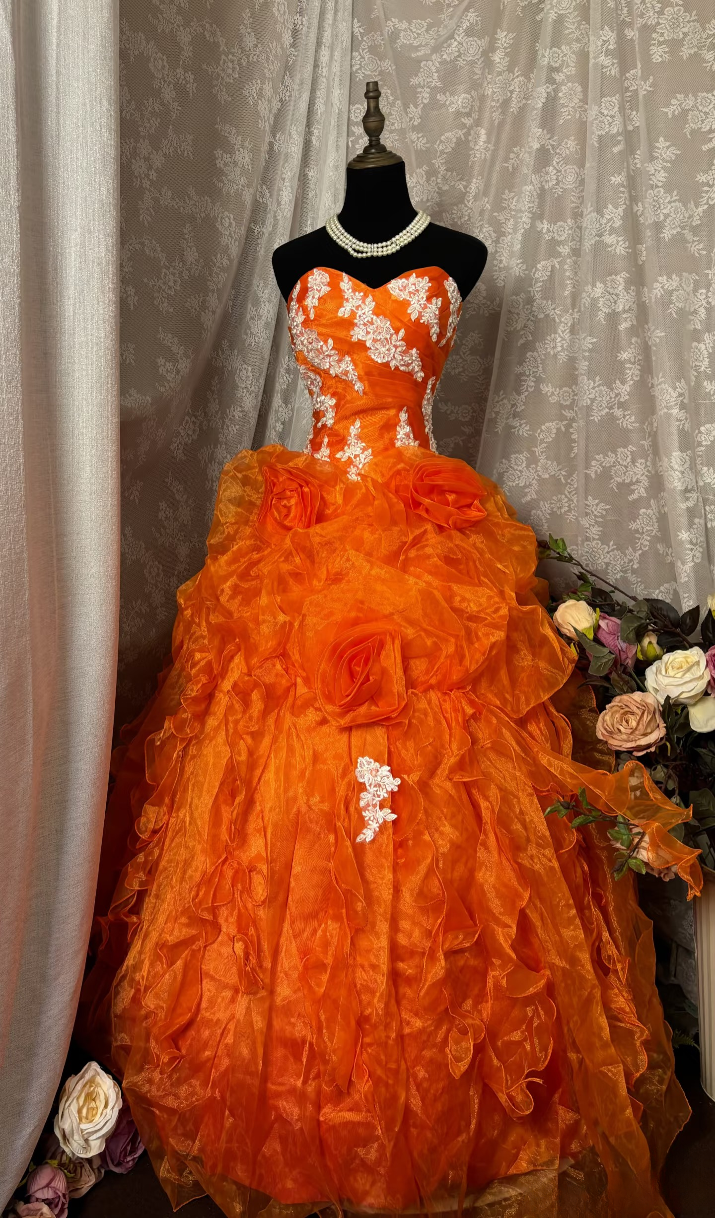 Unique Ball Gown Sweetheart Orange Tulle With Appliqued Lace Long Quinceanera Dresses Sweet 15 16 Birthday Gown AU332