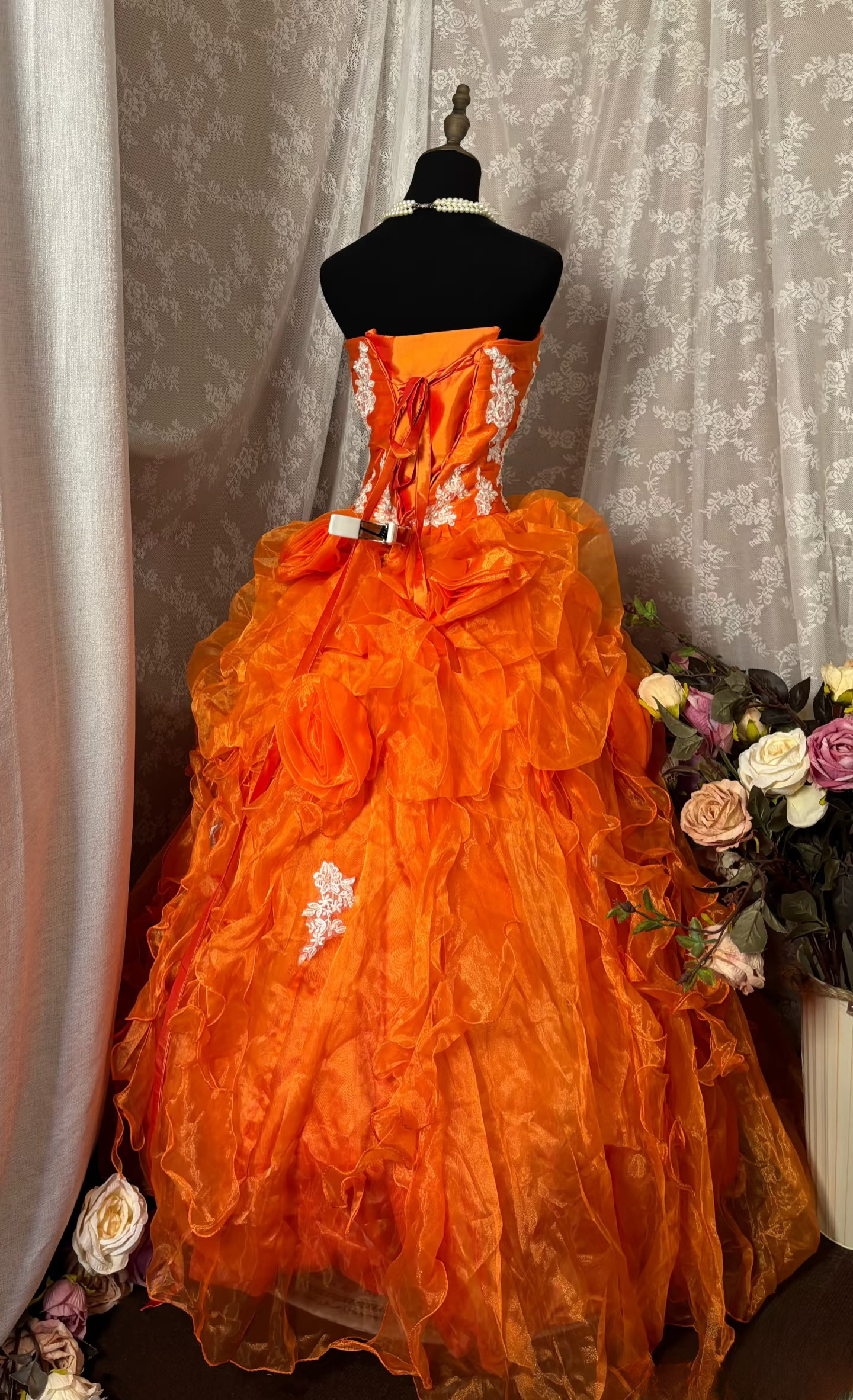 Unique Ball Gown Sweetheart Orange Tulle With Appliqued Lace Long Quinceanera Dresses Sweet 15 16 Birthday Gown AU332
