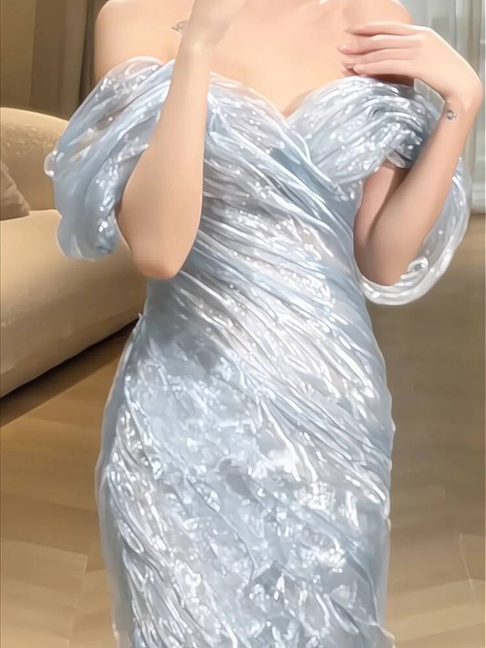 Vintage Meerjungfrau Schulterfrei Hellhimmelblau Bodenlangen Ballkleider Partykleid 21. Geburtstag Outfits Abschlusskleid AU333