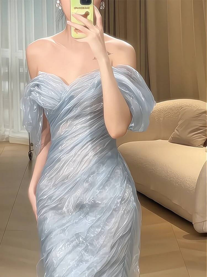 Vintage Meerjungfrau Schulterfrei Hellhimmelblau Bodenlangen Ballkleider Partykleid 21. Geburtstag Outfits Abschlusskleid AU333