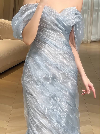 Vintage Meerjungfrau Schulterfrei Hellhimmelblau Bodenlangen Ballkleider Partykleid 21. Geburtstag Outfits Abschlusskleid AU333
