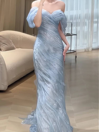 Vintage Meerjungfrau Schulterfrei Hellhimmelblau Bodenlangen Ballkleider Partykleid 21. Geburtstag Outfits Abschlusskleid AU333