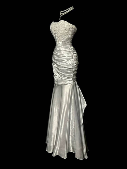Vintage Mermaid Sweetheart Gray Long Satin Prom Dress Inspiration Party Formal Gown Prom Dresses AU334