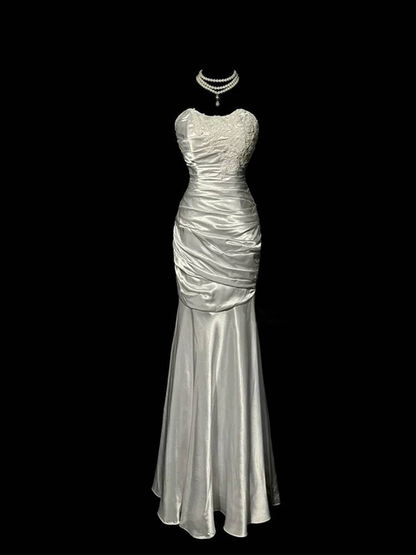 Vintage Mermaid Sweetheart Gray Long Satin Prom Dress Inspiration Party Formal Gown Prom Dresses AU334