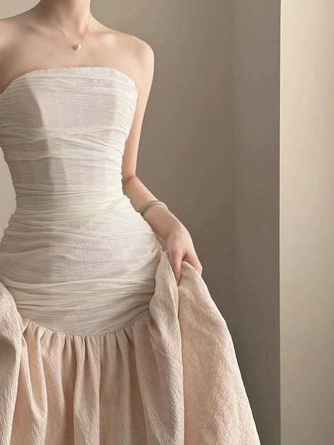 Modest Mermaid Strapless Pink Satin Wedding Dress Styles Long Fairytale Brides Gown Wedding Dresses Ideas AU335
