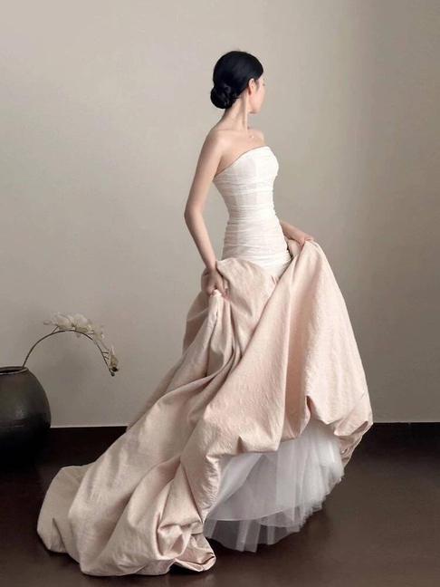 Modest Mermaid Strapless Pink Satin Wedding Dress Styles Long Fairytale Brides Gown Wedding Dresses Ideas AU335