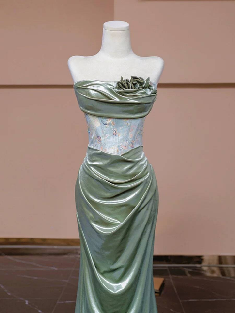 Vintage Meerjungfrau Trägerloses Grünes Langes Satin Abendkleid Inspiration Party Abendkleid Abendkleider AU336