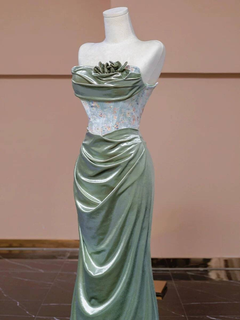 Vintage Meerjungfrau Trägerloses Grünes Langes Satin Abendkleid Inspiration Party Abendkleid Abendkleider AU336