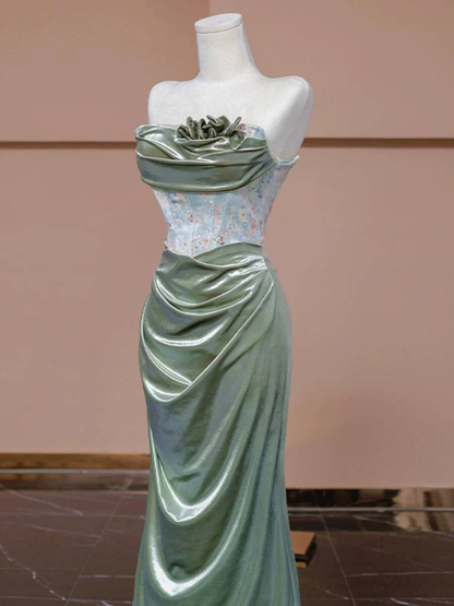 Vintage Meerjungfrau Trägerloses Grünes Langes Satin Abendkleid Inspiration Party Abendkleid Abendkleider AU336