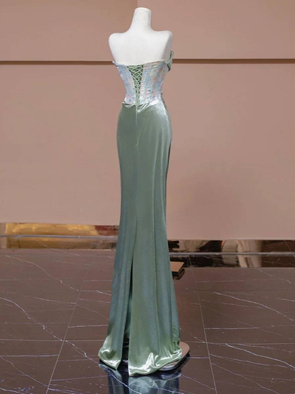 Vintage Meerjungfrau Trägerloses Grünes Langes Satin Abendkleid Inspiration Party Abendkleid Abendkleider AU336