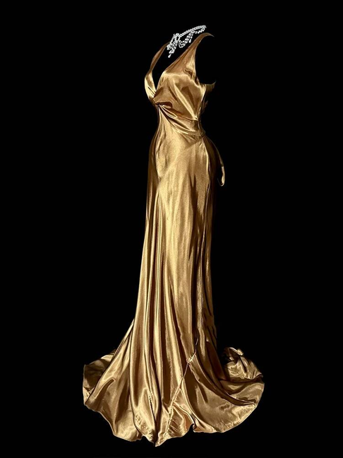 Vintage Meerjungfrau V-Ausschnitt Gold Satin Bodenlangen Ballkleider Partykleid 21. Geburtstag Outfits Abschlusskleid AU337