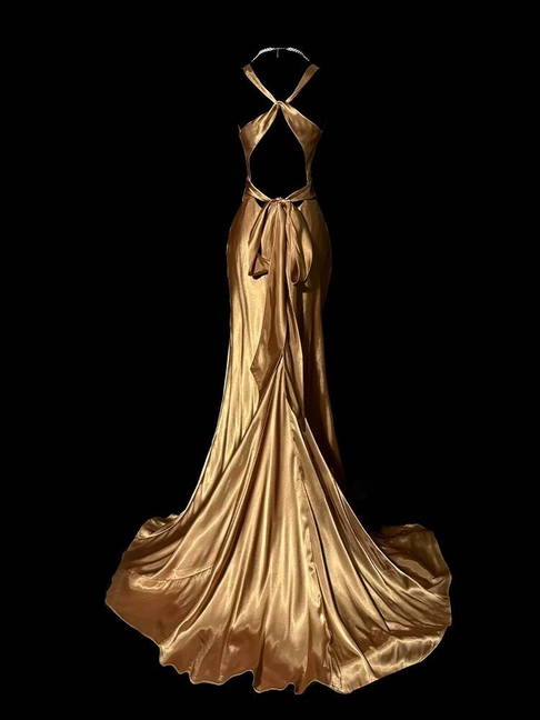 Vintage Meerjungfrau V-Ausschnitt Gold Satin Bodenlangen Ballkleider Partykleid 21. Geburtstag Outfits Abschlusskleid AU337