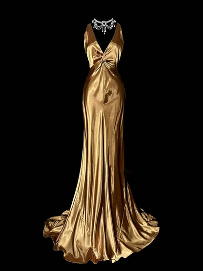 Vintage Meerjungfrau V-Ausschnitt Gold Satin Bodenlangen Ballkleider Partykleid 21. Geburtstag Outfits Abschlusskleid AU337