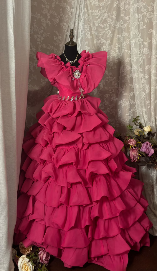 Princess Ball Gown V Neck Hot Pink With Ruffles Ruched Long Aesthetic Quinceanera Dresses Sweet 15 16 Birthday Gown AU337