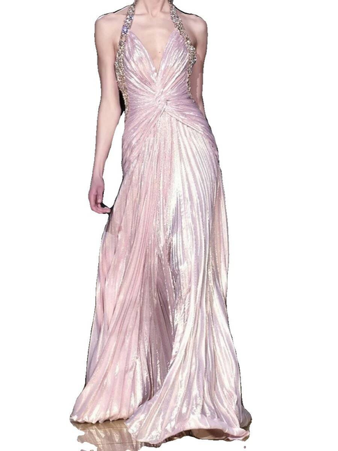 Vintage A-Linie Neckholder V-Ausschnitt Rosa Bodenlangen Ballkleider Partykleid 21. Geburtstag Outfits Abschlusskleid AU338
