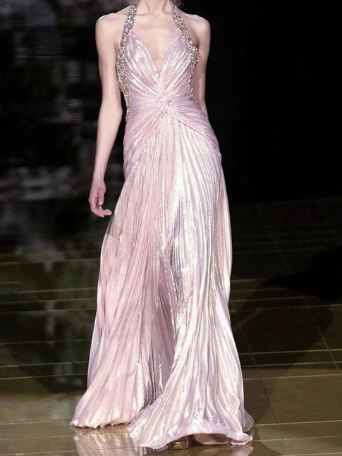 Vintage A Line Halter V Neck Pink Floor Length Prom Dresses Party Dress 21st Birthday Outfits Graduation Dress AU338