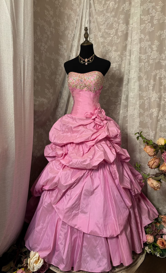 Princess Ball Gown Strapless Pink With Beaded Ruffles Ruched Long Aesthetic Quinceanera Dresses Sweet 15 16 Birthday Gown AU342