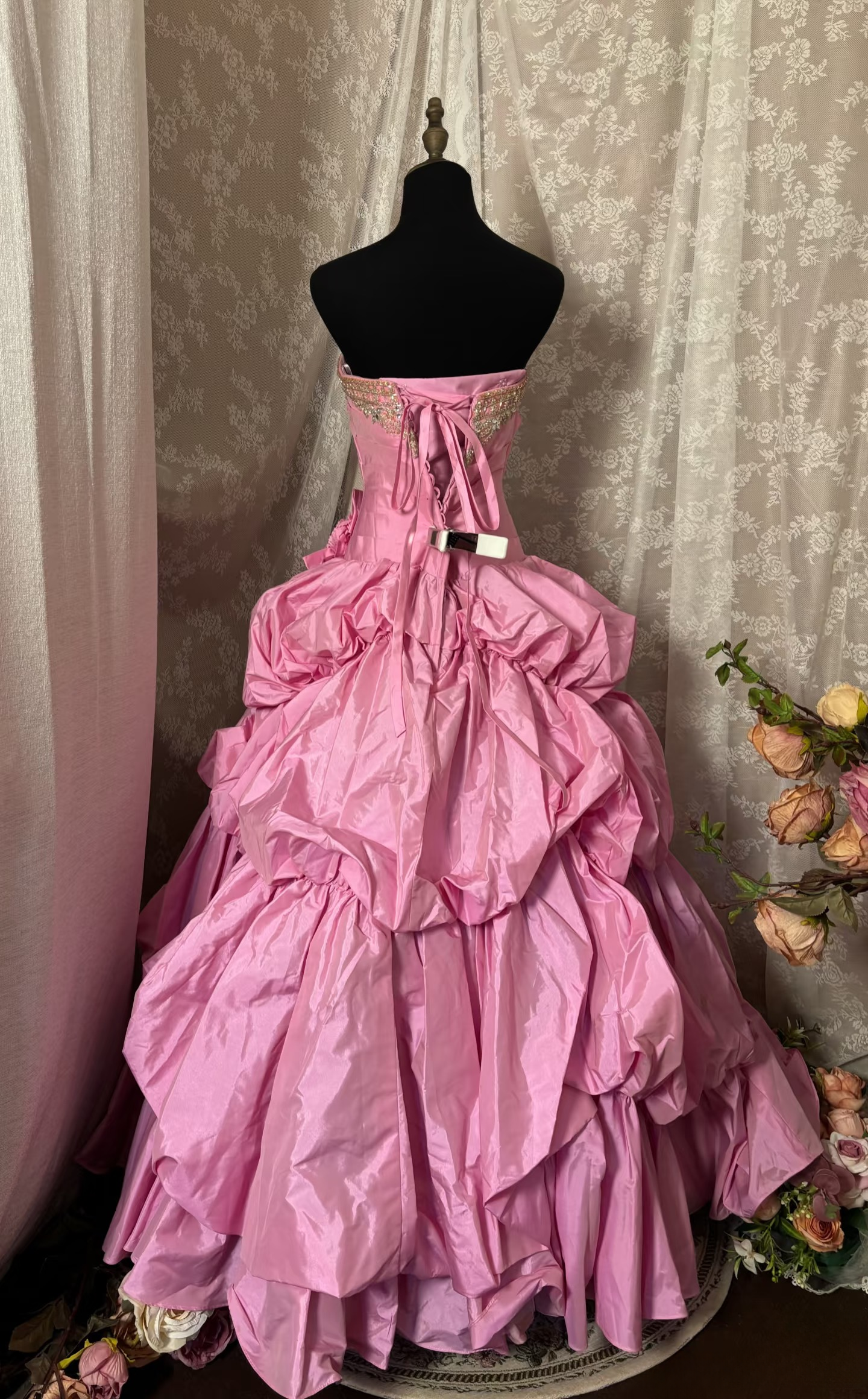 Princess Ball Gown Strapless Pink With Beaded Ruffles Ruched Long Aesthetic Quinceanera Dresses Sweet 15 16 Birthday Gown AU342