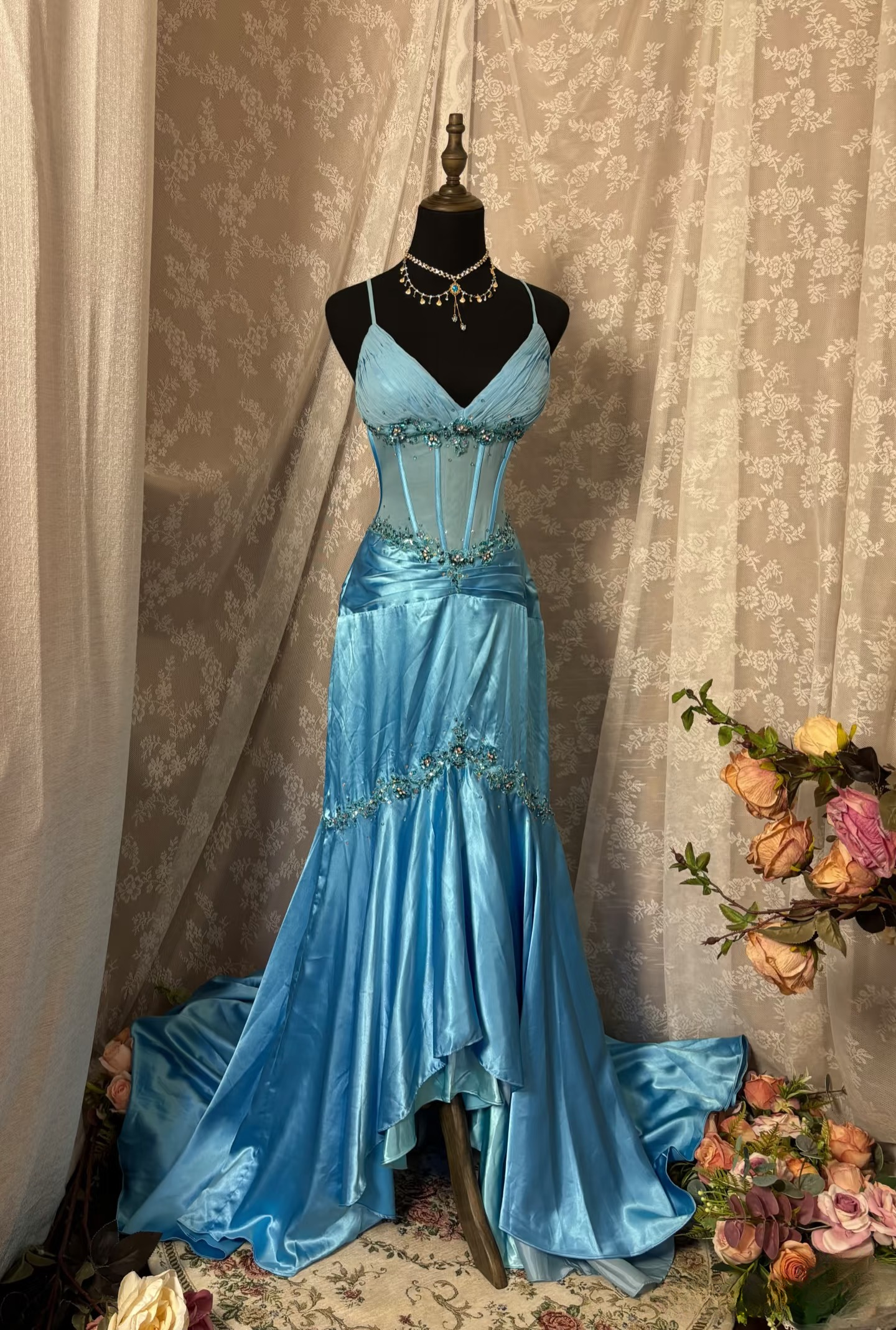 Vintage Prom Dress Outfit A line Spaghetti Straps Blue Long Prom Dresses Formal Evening Gowns AU343