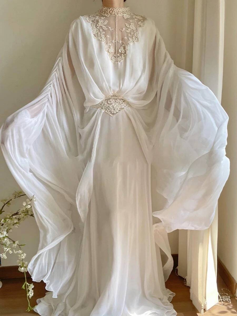 Vintage A line High Neckline Lace Chiffon Wedding Gown Long Fairytale Autumn Wedding Dresses AU346