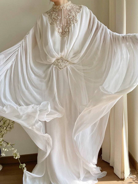 Vintage A line High Neckline Lace Chiffon Wedding Gown Long Fairytale Autumn Wedding Dresses AU346