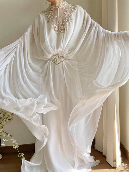 Vintage A line High Neckline Lace Chiffon Wedding Gown Long Fairytale Autumn Wedding Dresses AU346