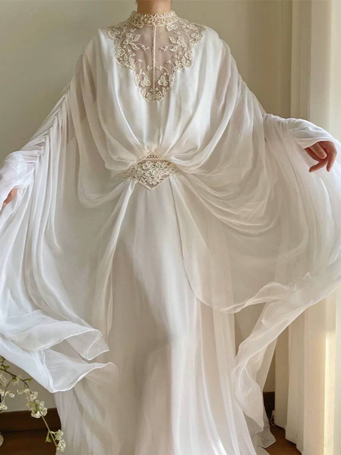 Vintage A line High Neckline Lace Chiffon Wedding Gown Long Fairytale Autumn Wedding Dresses AU346
