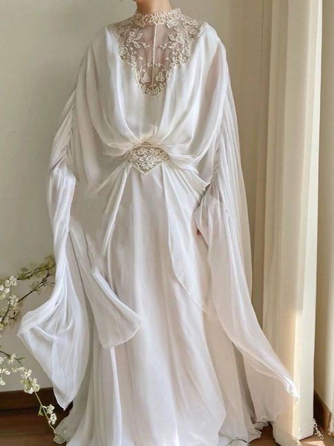 Vintage A line High Neckline Lace Chiffon Wedding Gown Long Fairytale Autumn Wedding Dresses AU346