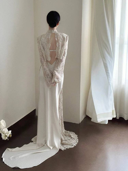 Modest Mermaid Spaghetti Straps Sleeveless White Lace Wedding Dress Brides Dresses Fairytale Wedding Gown AU347