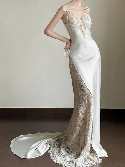 Modest Mermaid Spaghetti Straps Sleeveless White Lace Wedding Dress Brides Dresses Fairytale Wedding Gown AU347