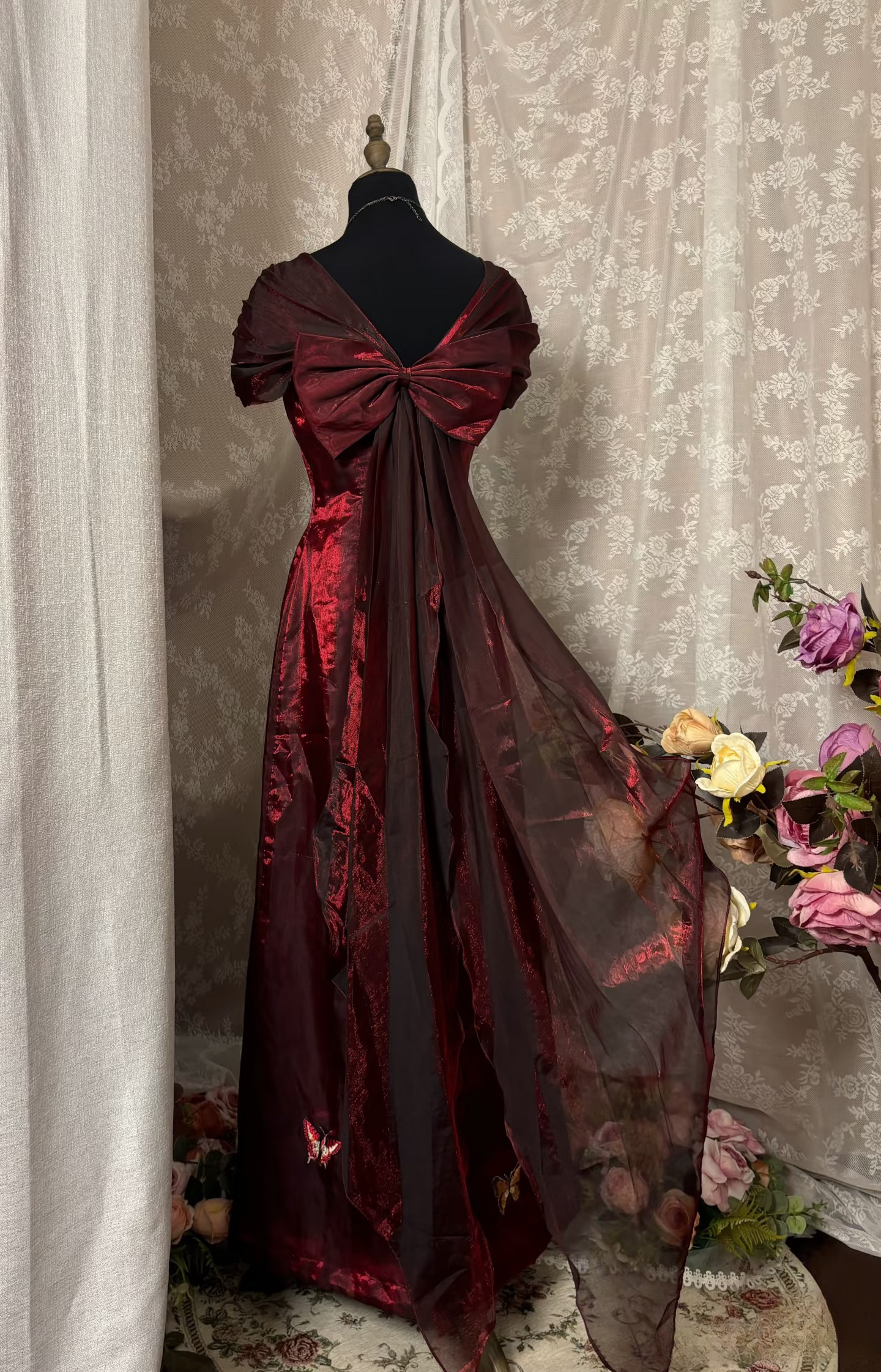 Robe de bal vintage, coupe trapèze, décolleté cœur, bordeaux, rouge foncé, longue, style années 90, robe de soirée formelle AU348